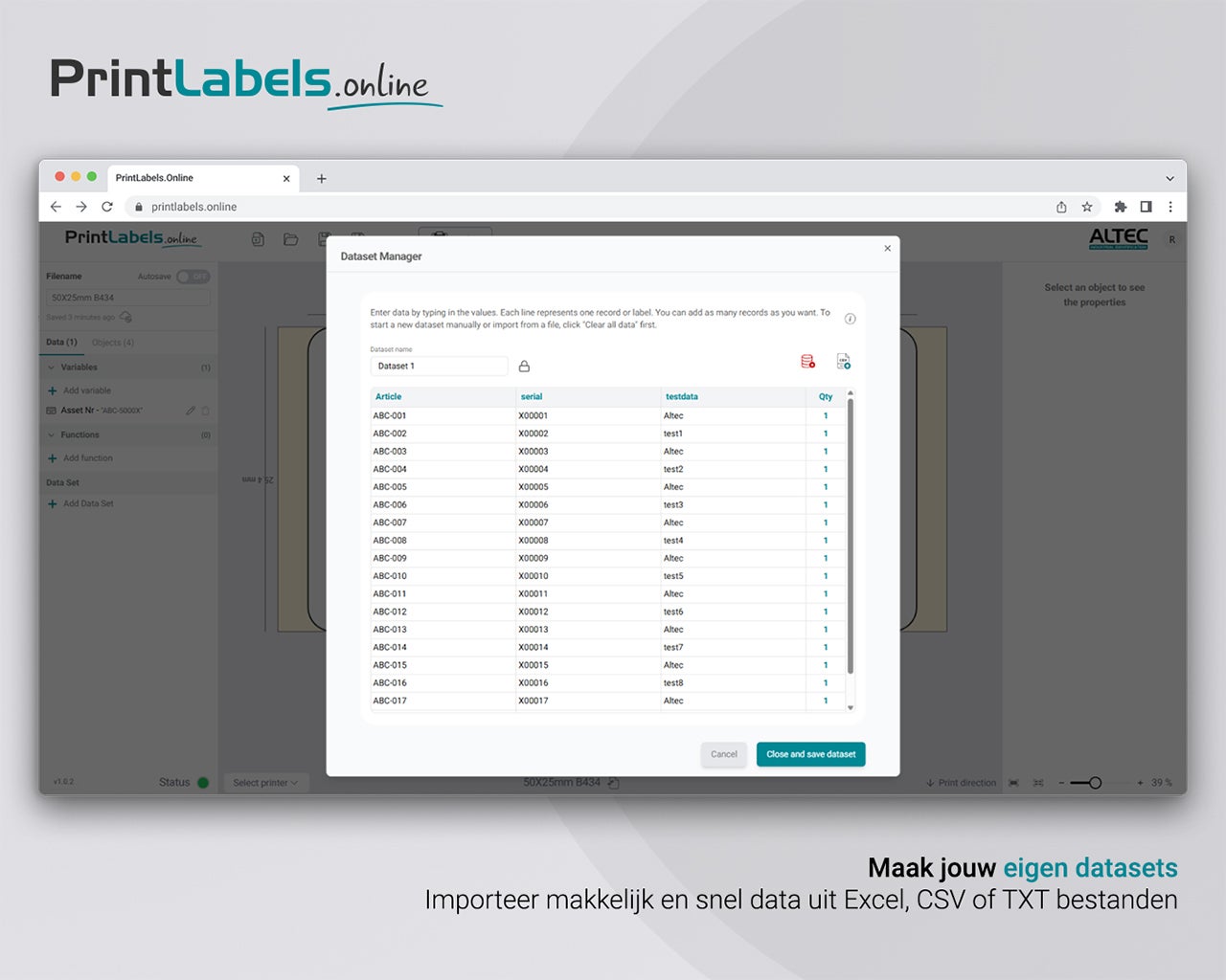 Dataset Manager van PrintLabels.Online met geïmporteerde gegevens voor het automatisch vullen van variabele labelvelden
